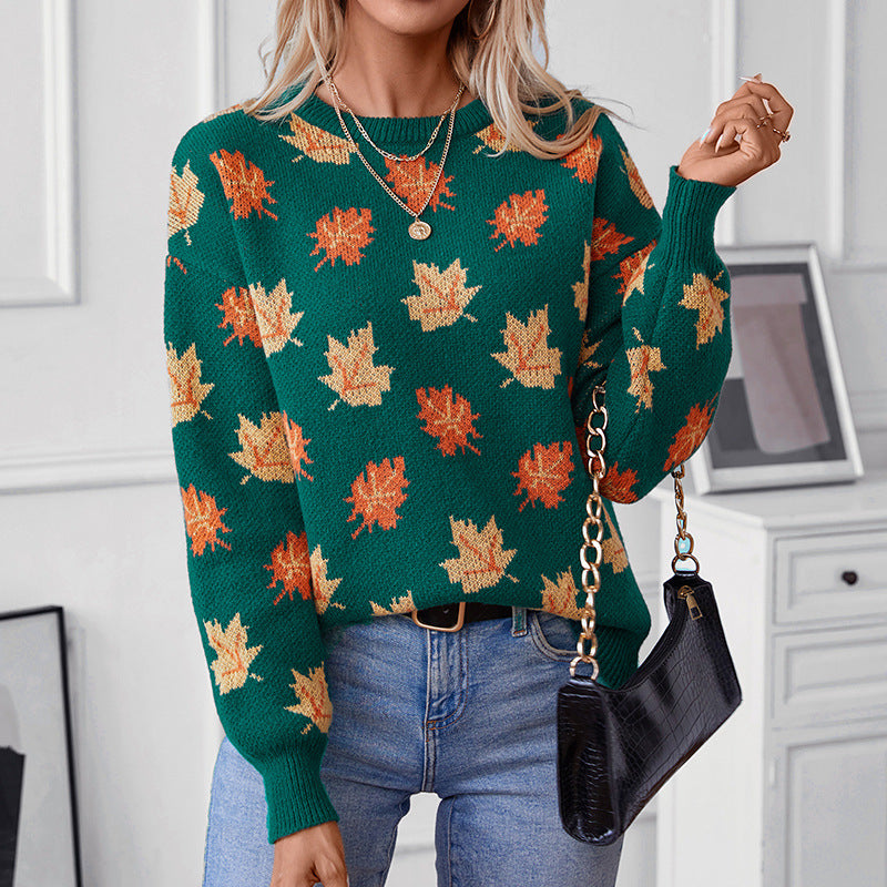 Damen Strickpullover mit strukturiertem Blättermotiv und Rundhalsausschnitt Sovae