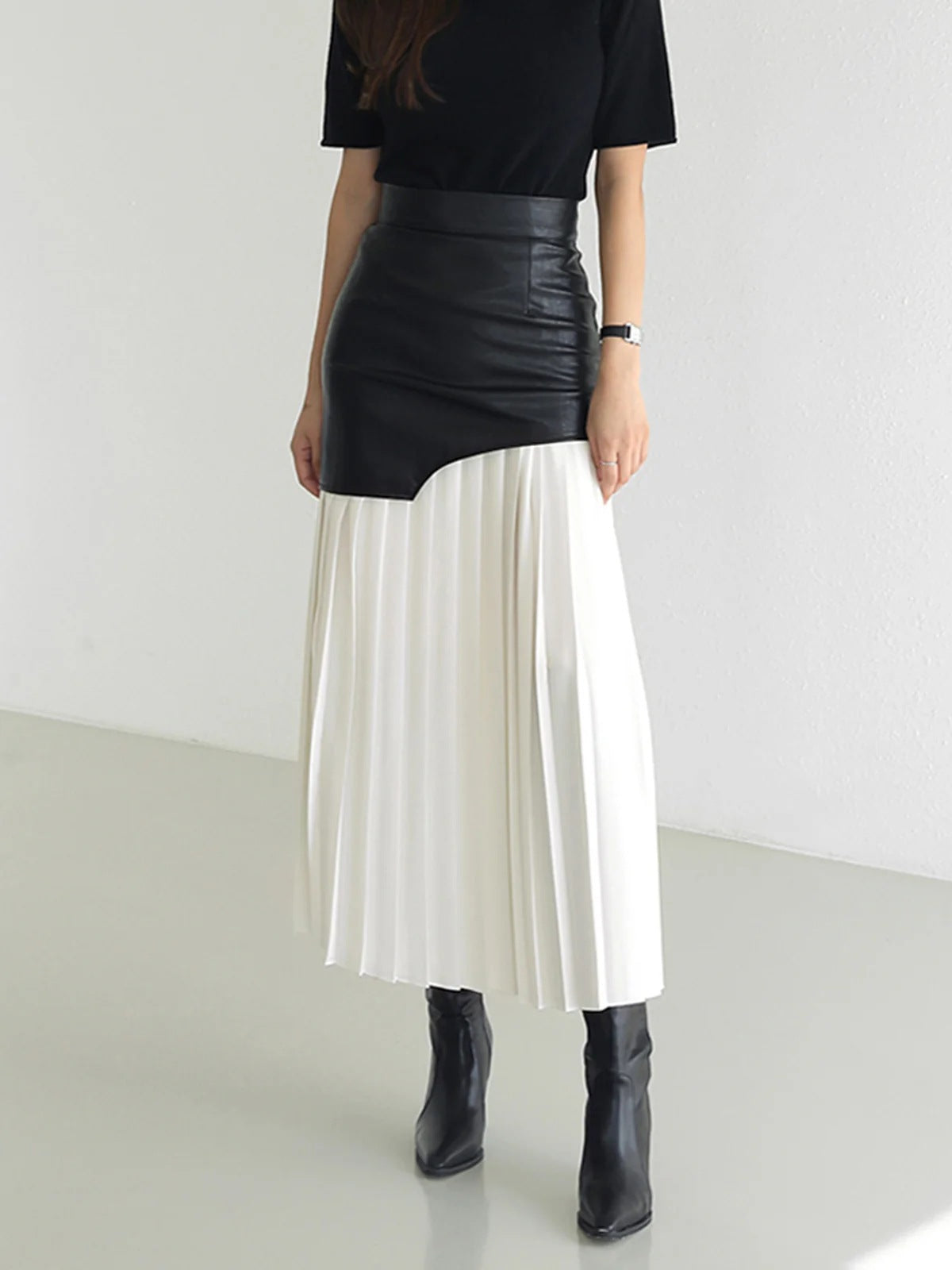 Damen Plisseerock mit eleganter Kunstleder-Oberseite Sovae