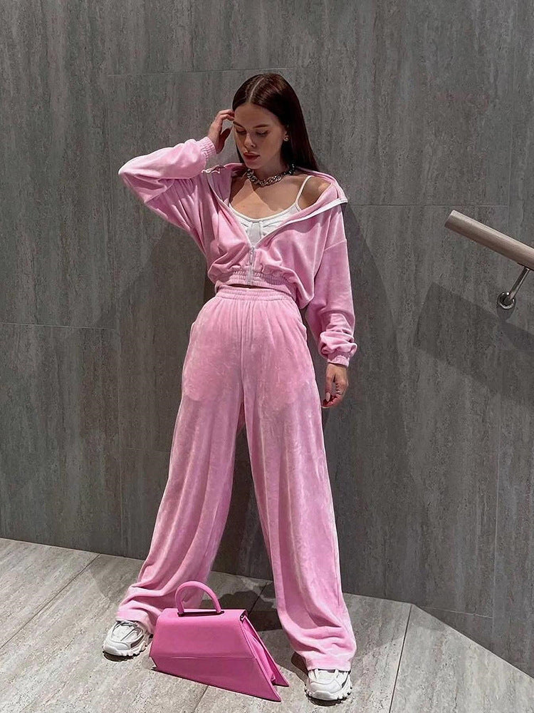 Damen Velours-Loungewear-Set mit hohem Kragen und elastischem Bund Sovae