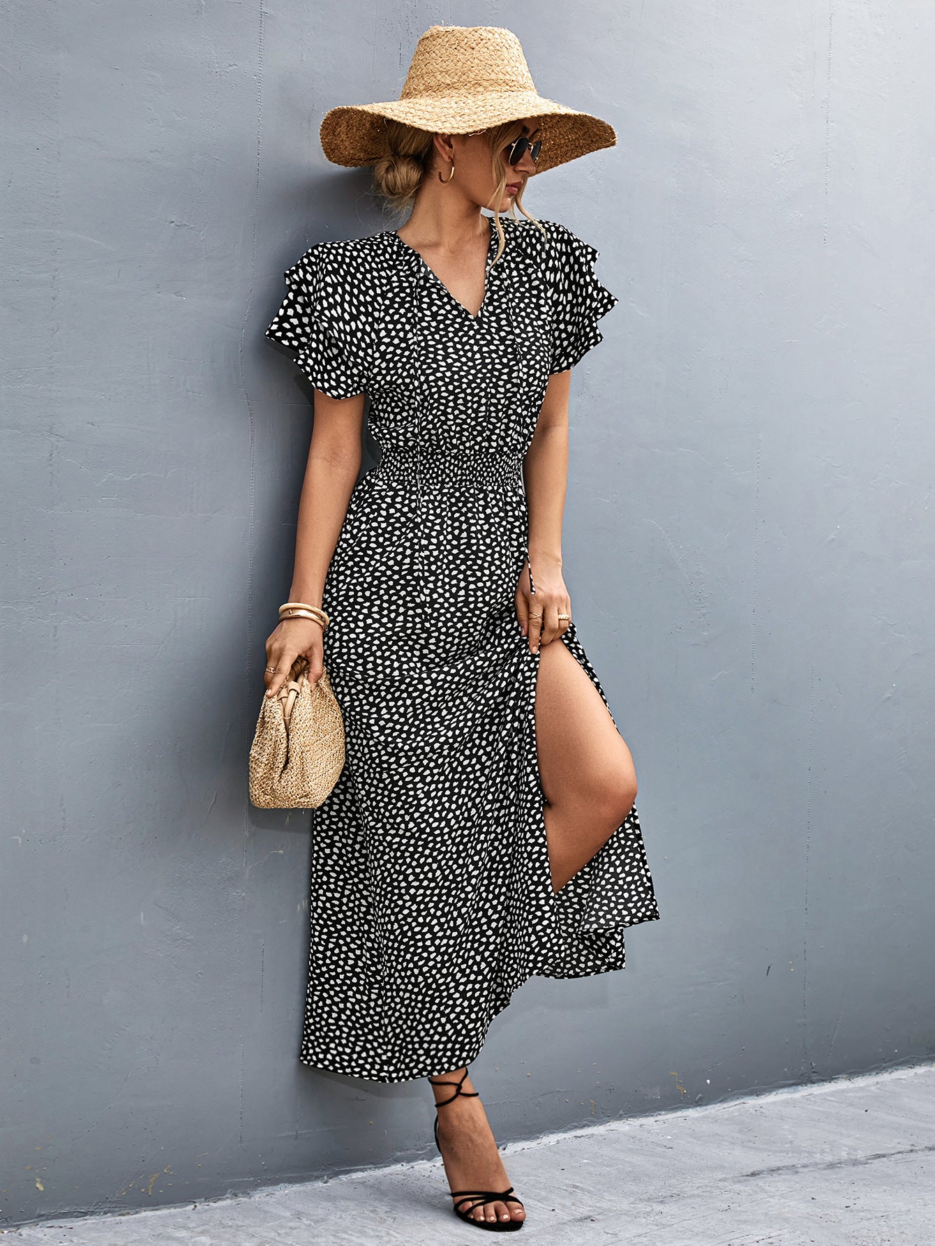 Damen Maxikleid mit modernem Rüschendesign und elastischem Taillenbund Sovae