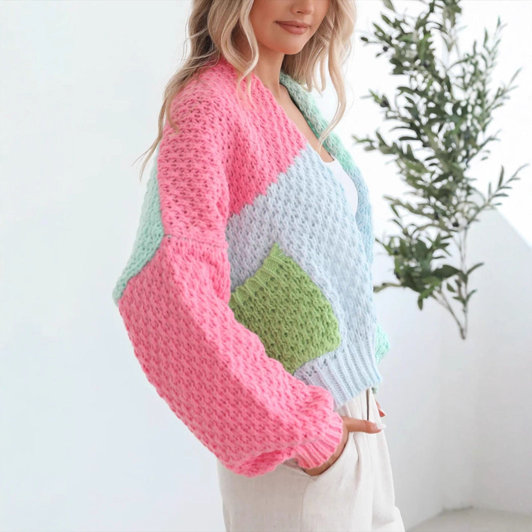 Damen kuschelige Strickjacke mit oversized Ärmeln und Farbkombination Sovae