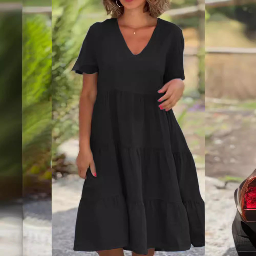 Damen luftiges V-Ausschnitt Kleid mit schwingendem Saum Sovae
