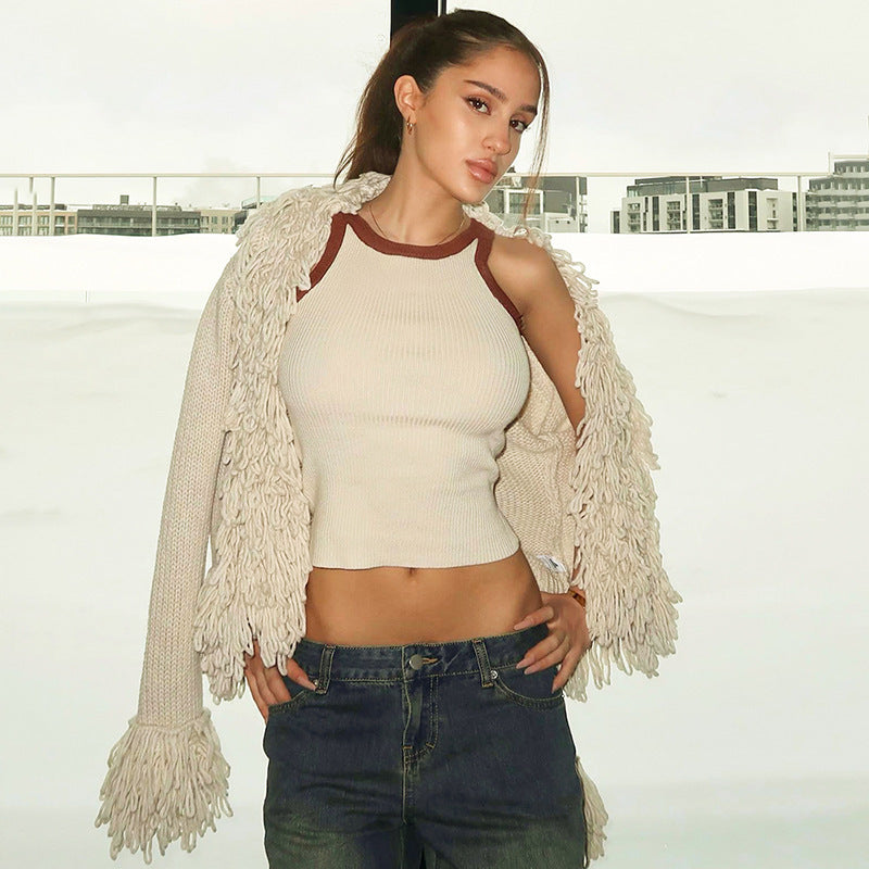 Damen lässige Strickjacke mit fransigen Details Sovae