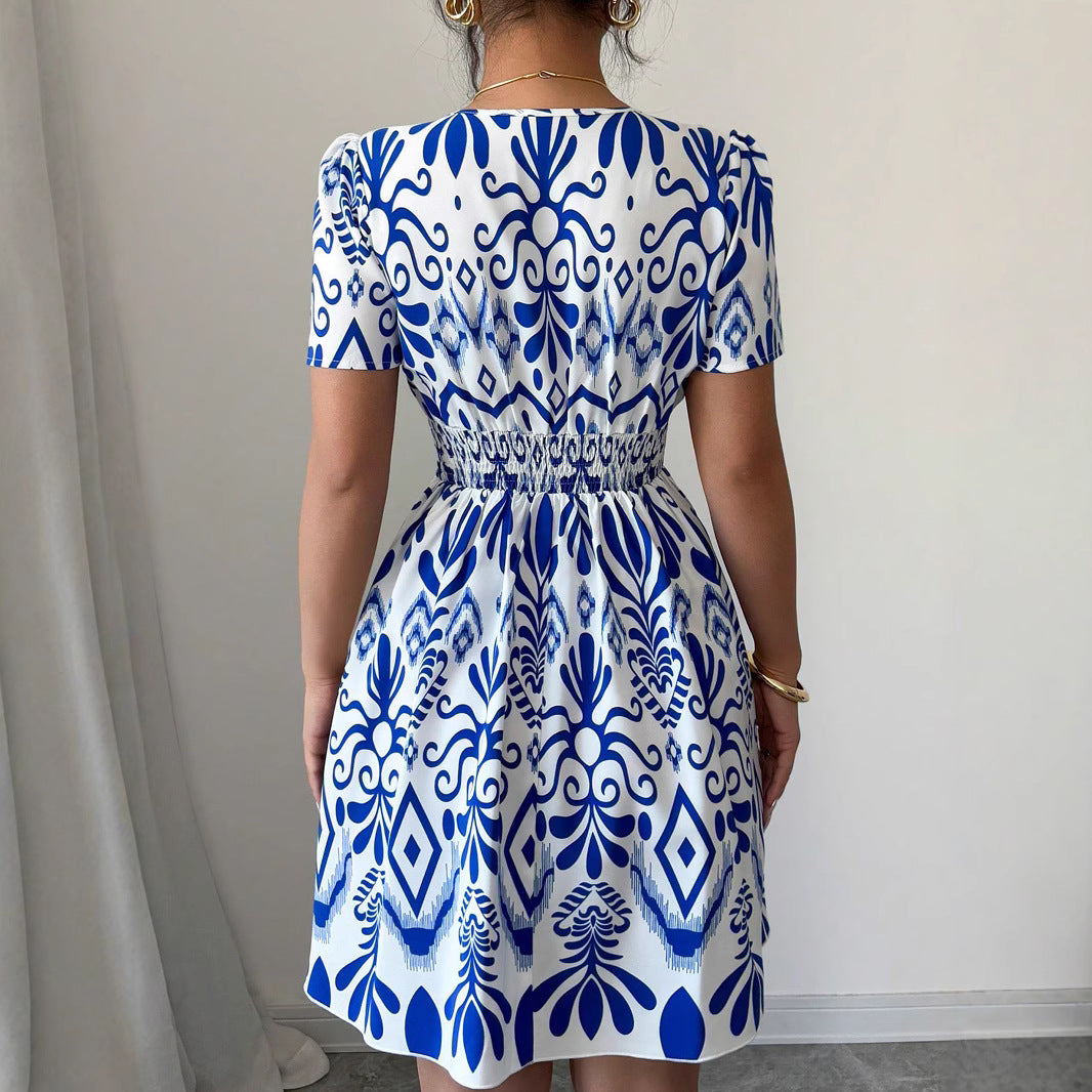 Damen Maxikleid mit floralen Mustern und tiefem V-Ausschnitt Sovae