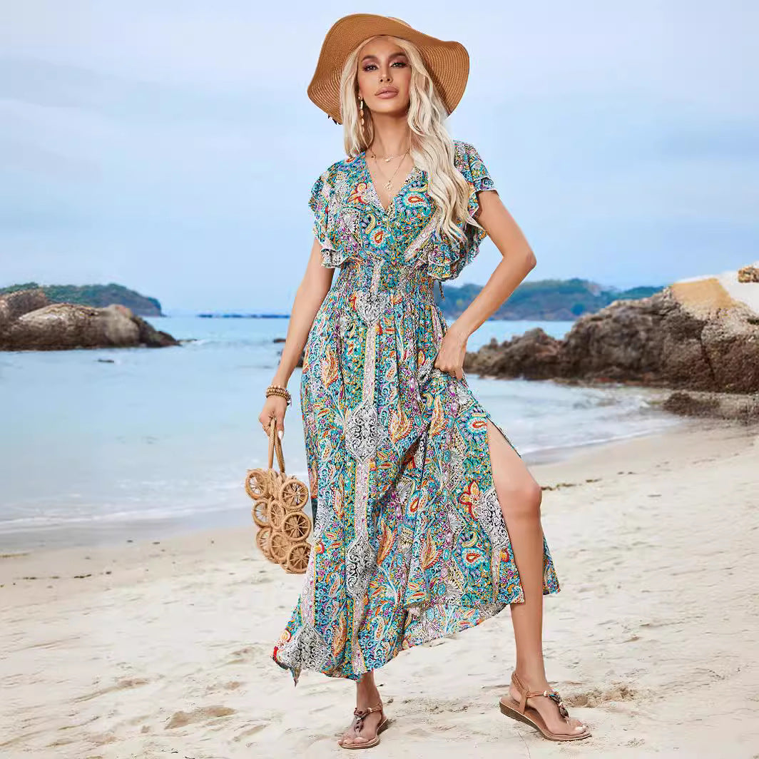 Damen Maxikleid mit verspieltem Mustermix und Rüschendetails Sovae