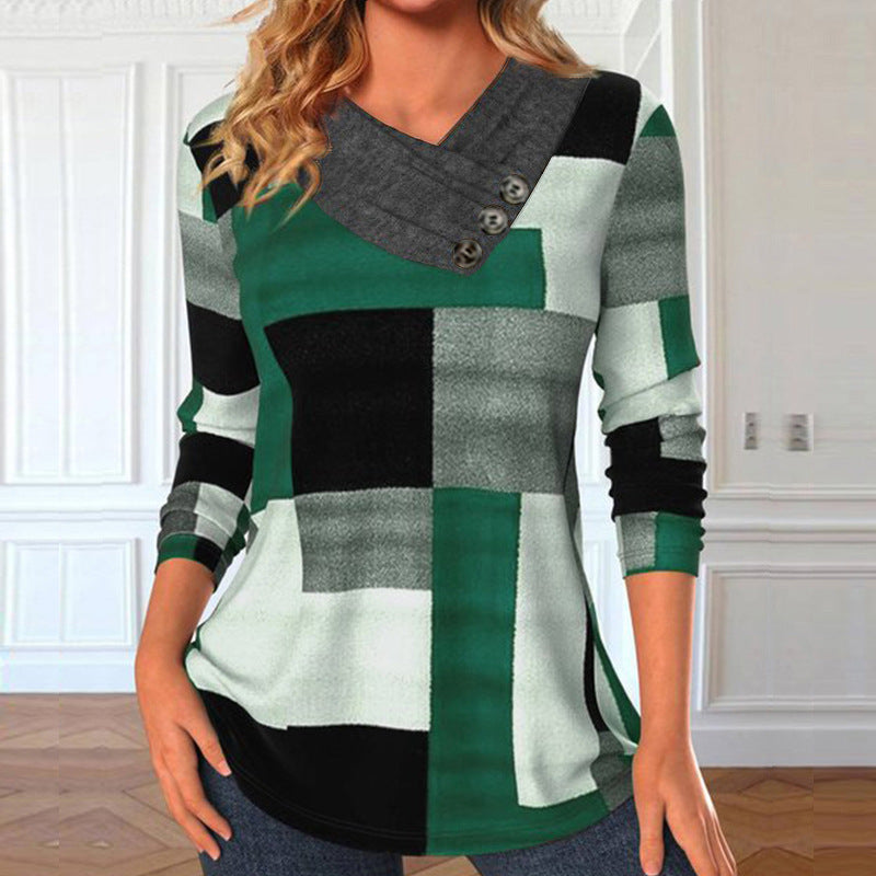 Damen stilvolles Langarmshirt mit asymmetrischem Kragen und Knopfdetails Sovae