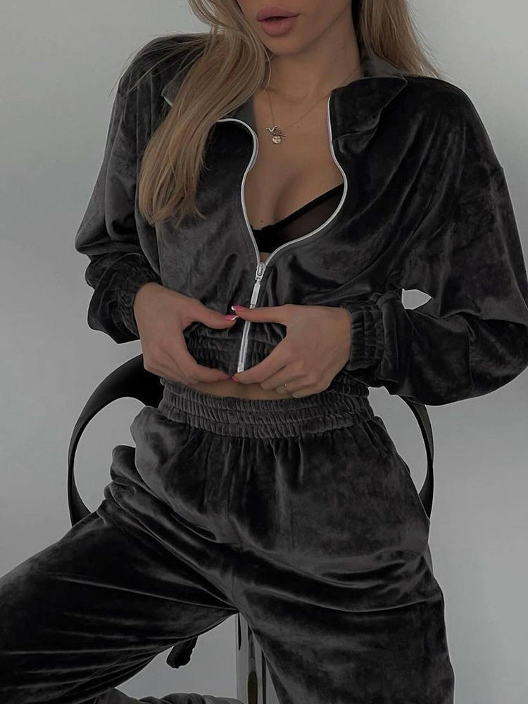 Damen Velours-Loungewear-Set mit hohem Kragen und elastischem Bund Sovae