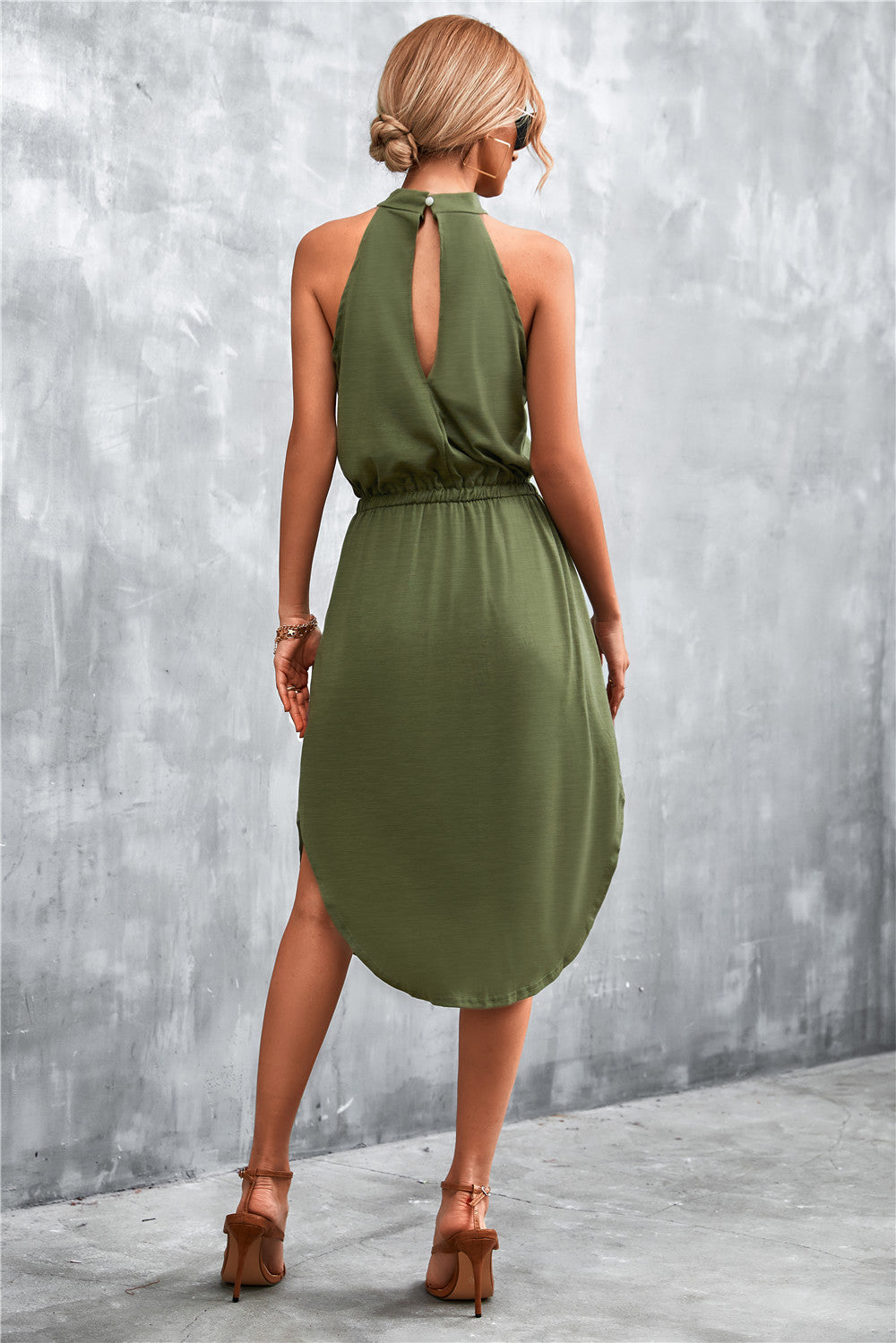 Damen lässiges Midikleid mit hohem Kragen und regulierbarem Gürtel Sovae