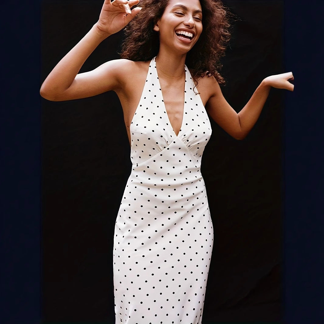 Damen Elegantes Maxikleid mit tiefem V-Ausschnitt und Polka-Dots Sovae