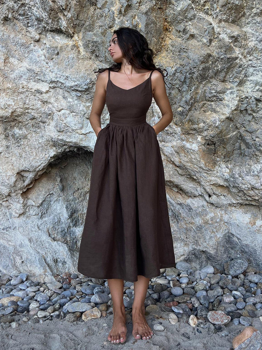 Damen Midi-Linnenkleid mit Spaghetti-Trägern Sovae