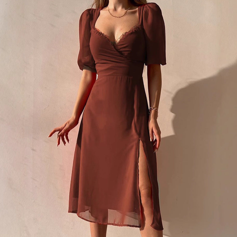 Damen Elegantes Maxikleid mit Puffärmeln und tiefem Schlitz Sovae