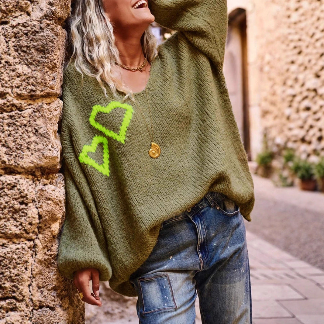 Damen lässiger Oversized-Pullover mit Herzapplikationen Sovae