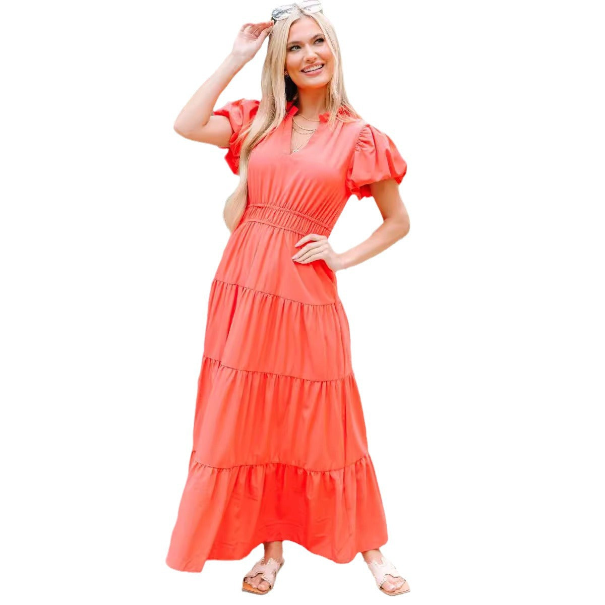 Damen Sommerliches Maxikleid mit Rüschen und V-Ausschnitt Sovae