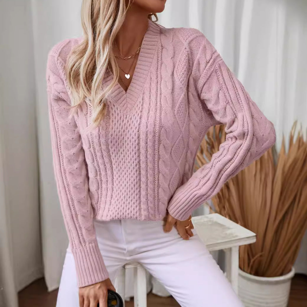 Damen modischer Strickpullover mit tiefem V-Ausschnitt und Zopfmuster Sovae