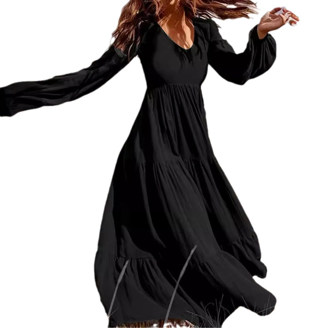 Damen fließendes Maxikleid mit V-Ausschnitt und eleganten Puffärmeln Sovae