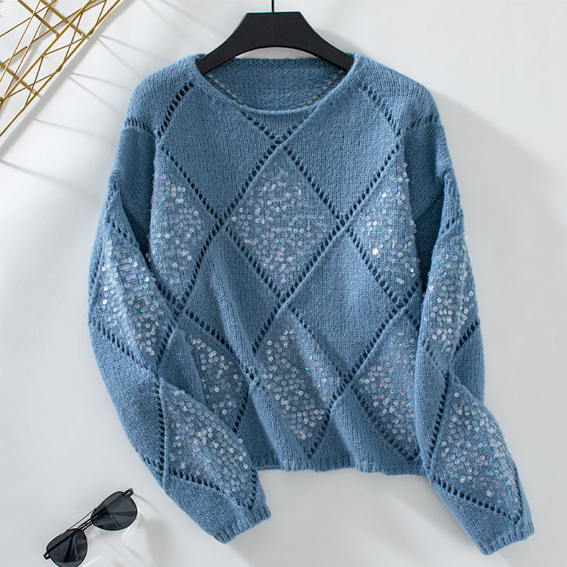 Damen modischer Pullover mit aufwendigem Strickdesign und Glitzerelementen Sovae