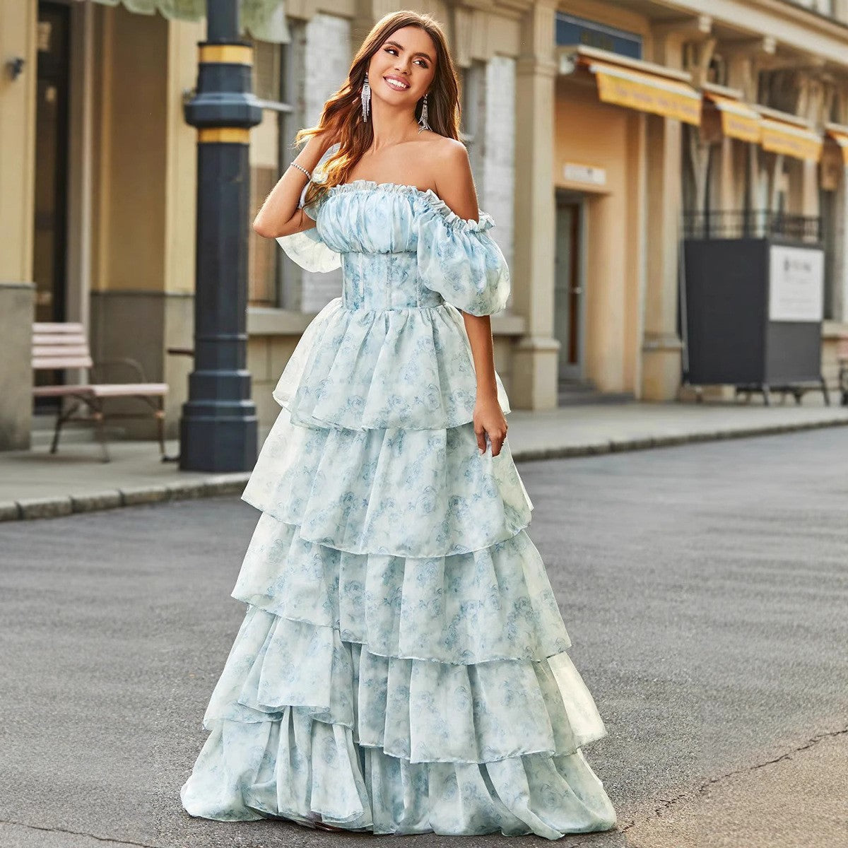 Damen Off-Shoulder Maxikleid mit voluminösen Rüschen Sovae