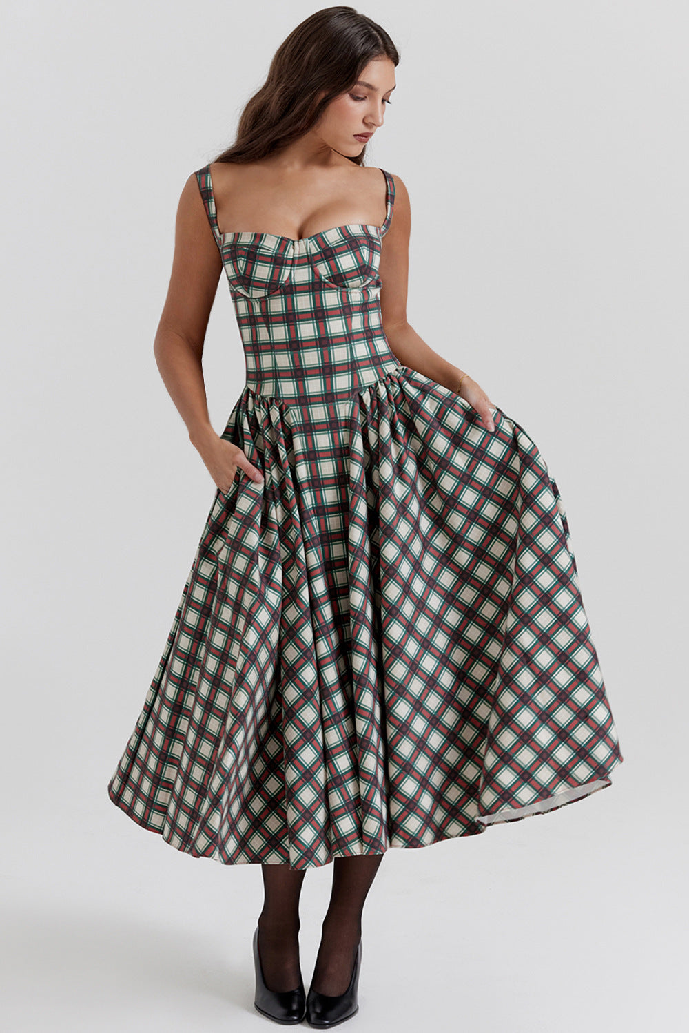 Damen Midikleid mit gerafftem Rock und modernem Karomuster Sovae