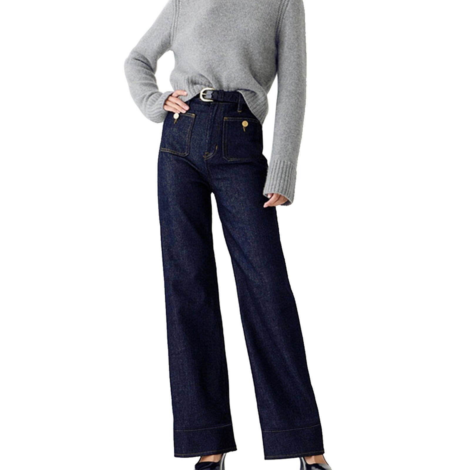 Damen Weit geschnittene Jeans mit hohem Bund und klassischen Taschen Sovae