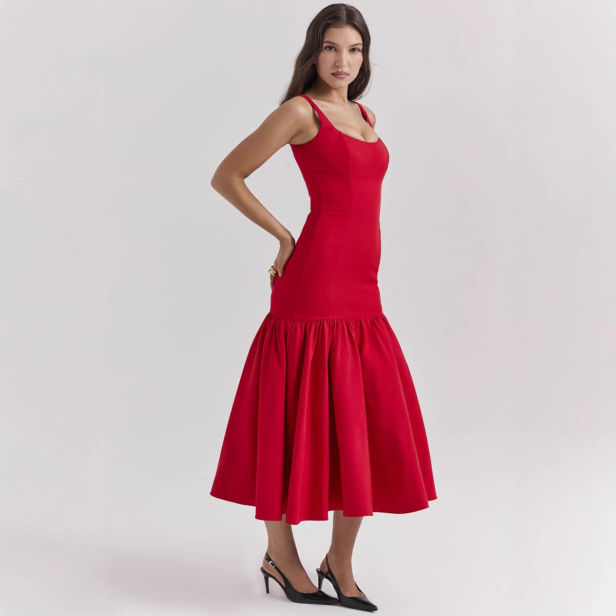 Damen figurbetontes Maxikleid mit voluminösem Rüschensaum Sovae