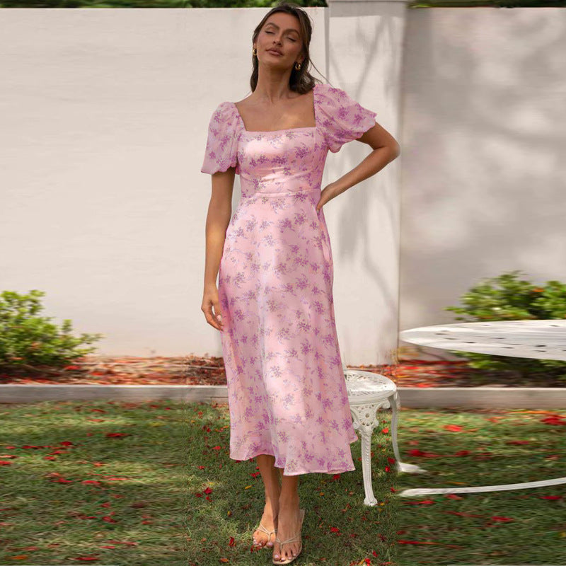 Damen Elegantes Midikleid mit Puffärmeln und verspieltem Blumenmuster Sovae