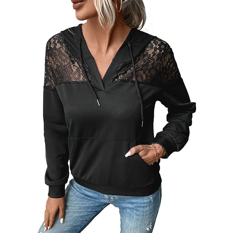 Damen Kapuzenpullover mit Spitzenbesatz und Kängurutasche Sovae