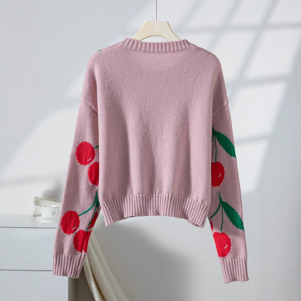 Damen lässiger Pullover mit fruchtigem Kirschmuster und weichem Strick Sovae
