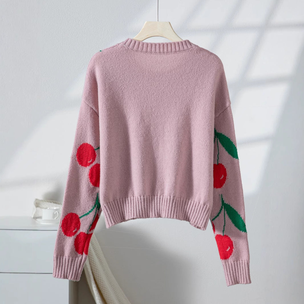 Damen lässiger Pullover mit fruchtigem Kirschmuster und weichem Strick Sovae
