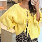 Damen lässiger Strickcardigan mit raffinierten Bindebändern und weiten Ärmeln Sovae