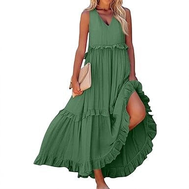 Damen Maxikleid mit Rüschen und V-Ausschnitt Sovae