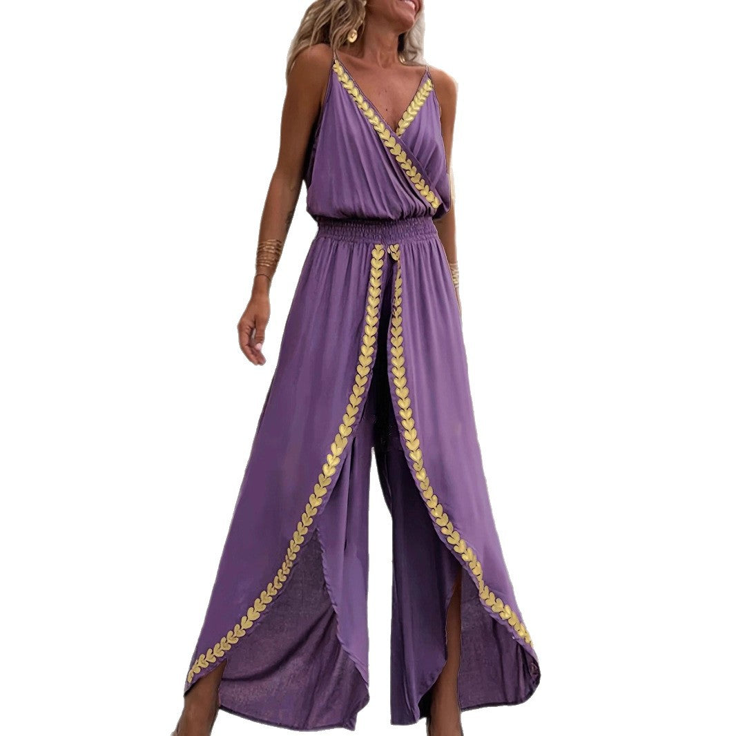 Damen Jumpsuit mit Tiefem V-Ausschnitt und Goldakzenten Sovae