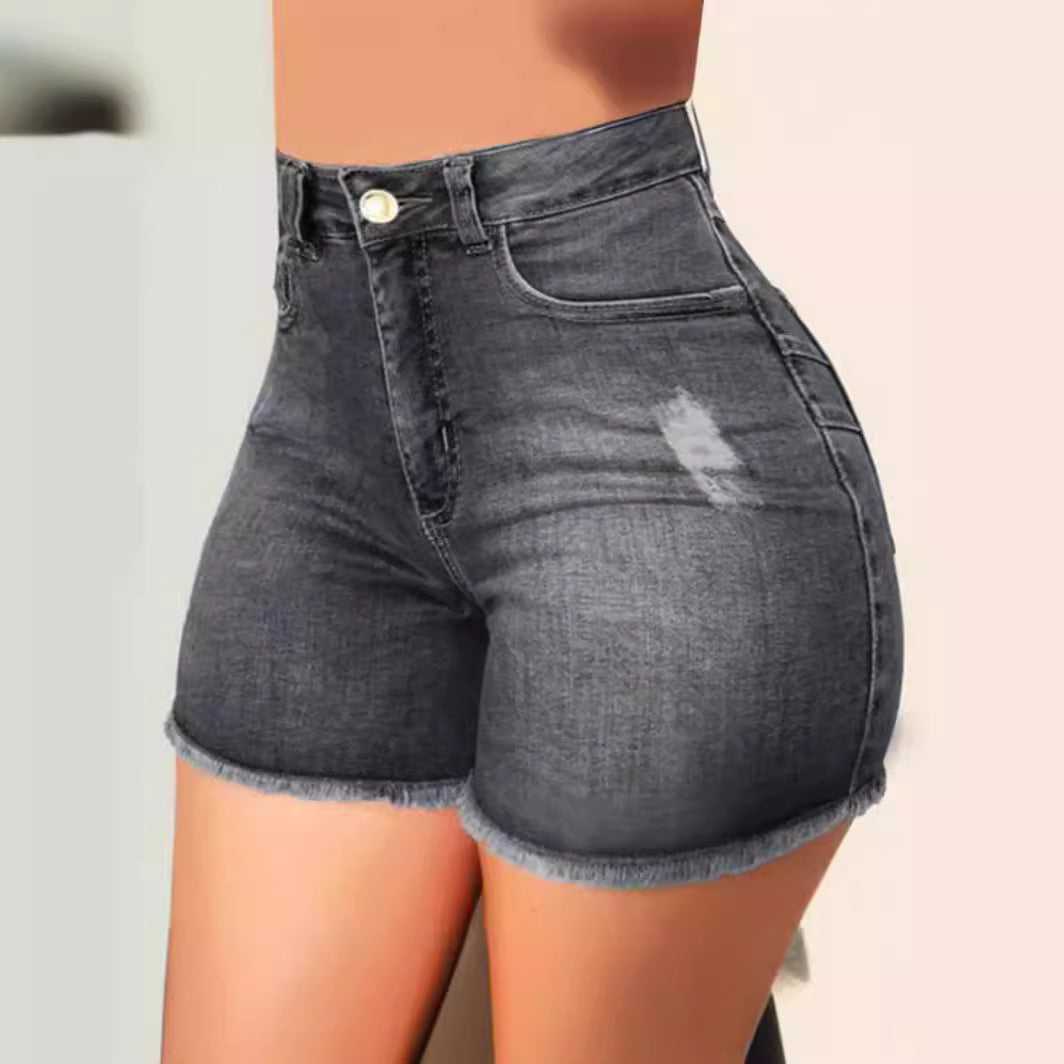Damen High-Waist Denim-Shorts mit fransigem Saum Sovae