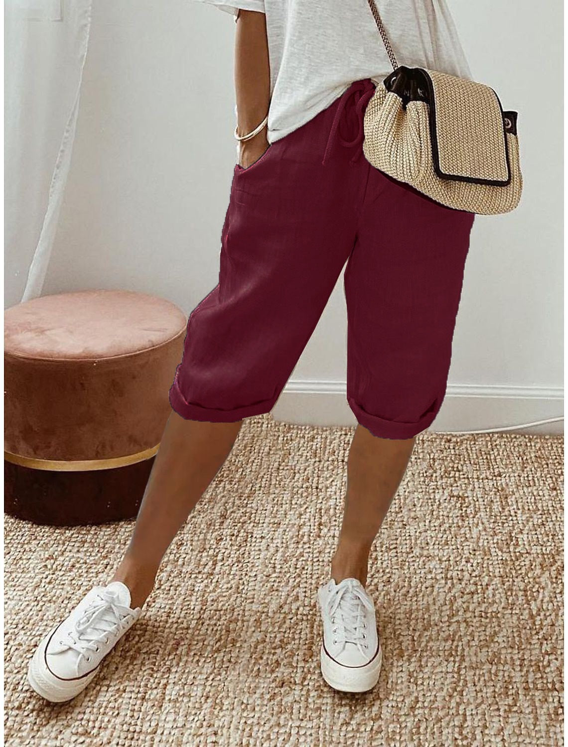 Damen lässige Leinen-Shorts mit elastischem Bund und praktischen Taschen Sovae