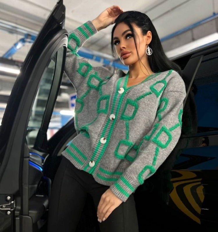Damen Strickjacke mit grafischem Muster und Knopfdetails Sovae