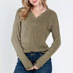 Damen lässiger Strickpullover mit Knopfdetails und gerafften Ärmeln Sovae