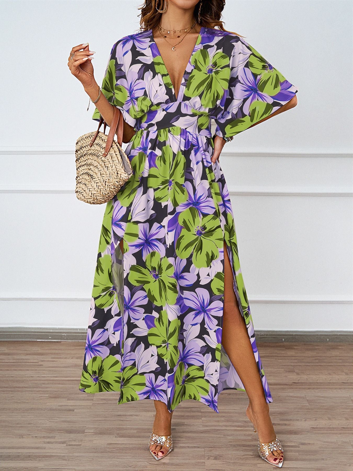 Damen florales Maxikleid mit tiefem V-Ausschnitt und Seitenschlitzen Sovae