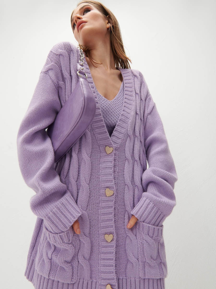 Damen Grobstrick-Cardigan mit herzförmigen Knöpfen und seitlichen Taschen Sovae