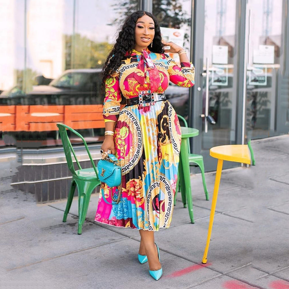 Damen Glamouröses Maxi-Kleid mit buntem Print und Taillengürtel Sovae