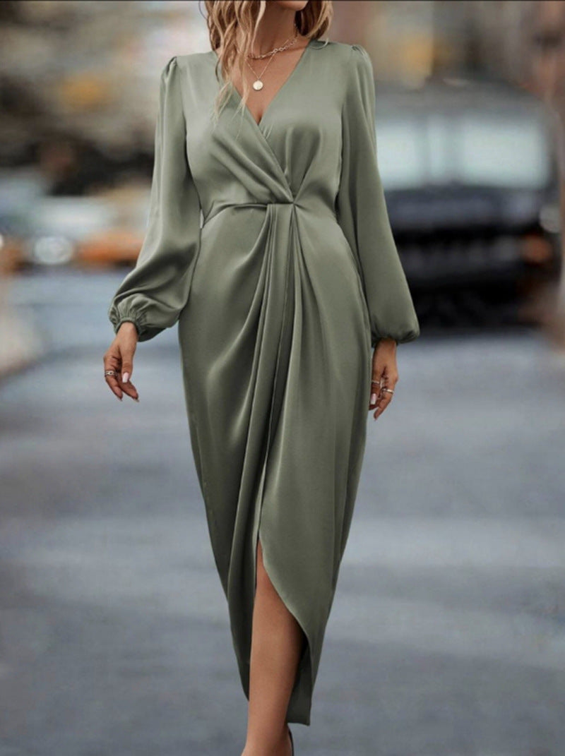 Damen Maxikleid mit raffiniertem Wickeldesign und voluminösen Ärmeln Sovae