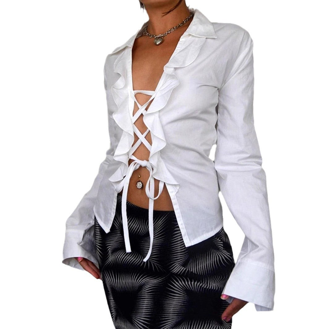 Damen Elegantes Blusenoberteil mit Rüschendetails und Schnürung Sovae