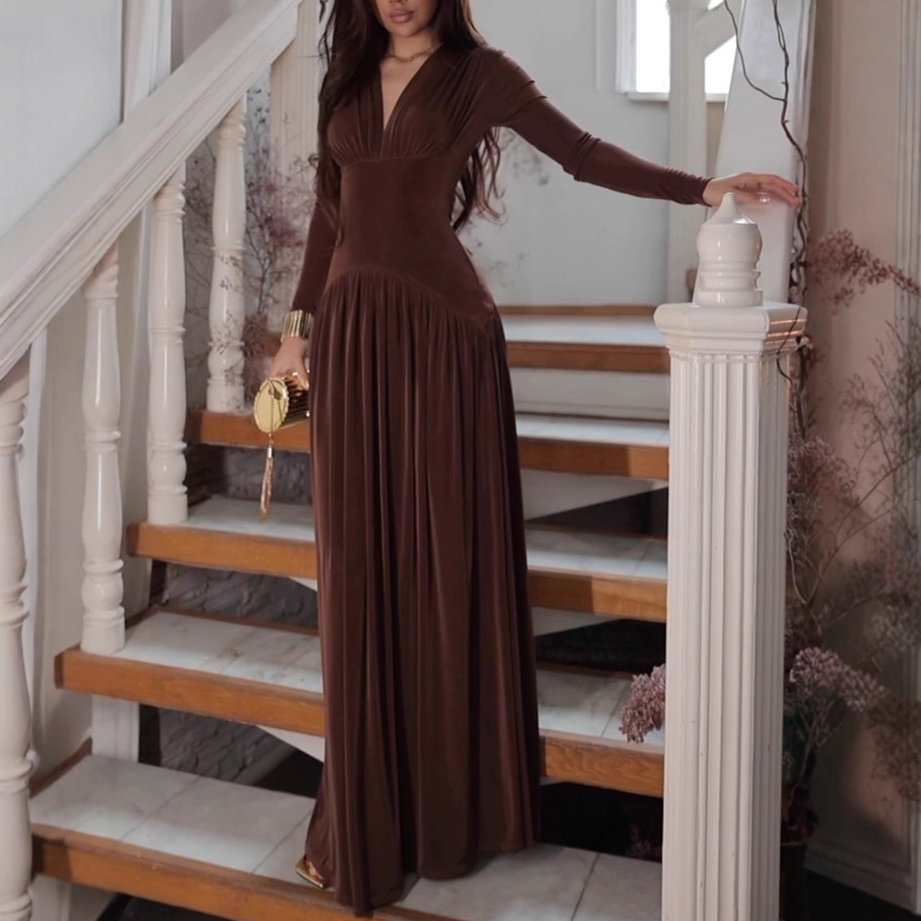 Damen Elegantes Maxikleid mit Falten und V-Ausschnitt Sovae