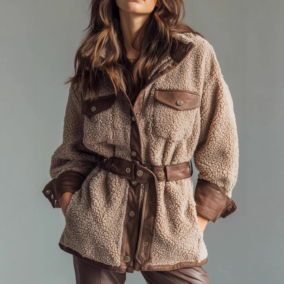 Damen Teddyjacke mit Lederdetails und taillierbarem Gürtel Sovae