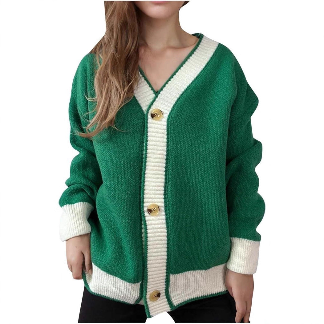 Damen lässige Strickjacke mit kontrastierenden Bündchen und dezenter Knopfleiste Sovae