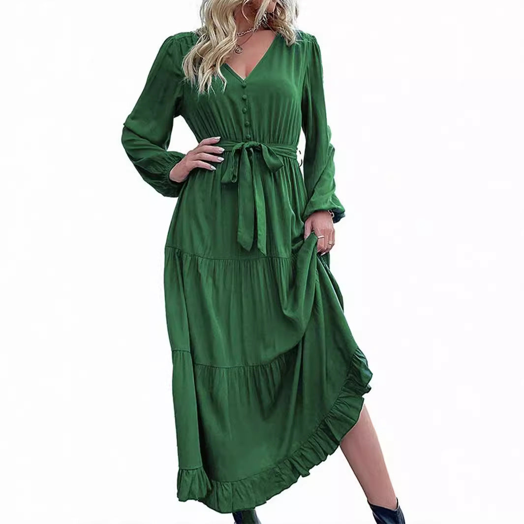 Damen Maxikleid mit V-Ausschnitt und eleganter Taillenbindung Sovae