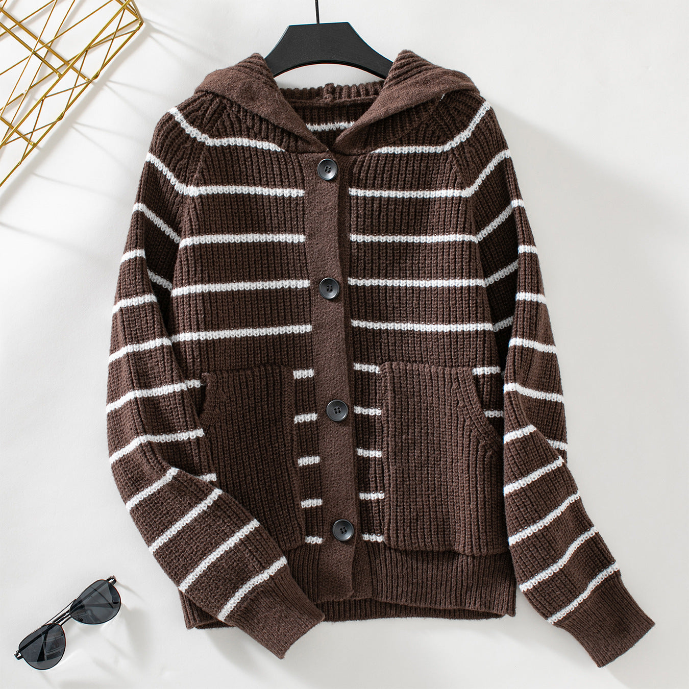 Damen gestreifte Strickjacke mit Kapuze und Taschen Sovae