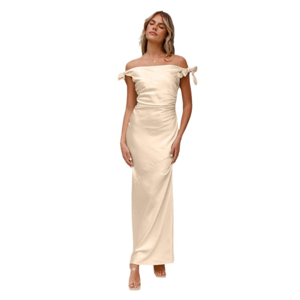 Damen elegantes Maxikleid mit schulterfreiem Design und raffinierten Schleifendetails Sovae