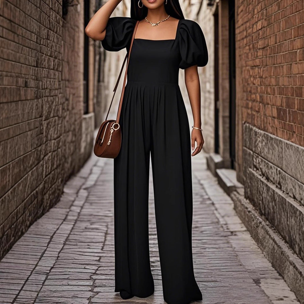 Damen Elegantes Jumpsuit mit Puffärmeln und weitem Bein Sovae