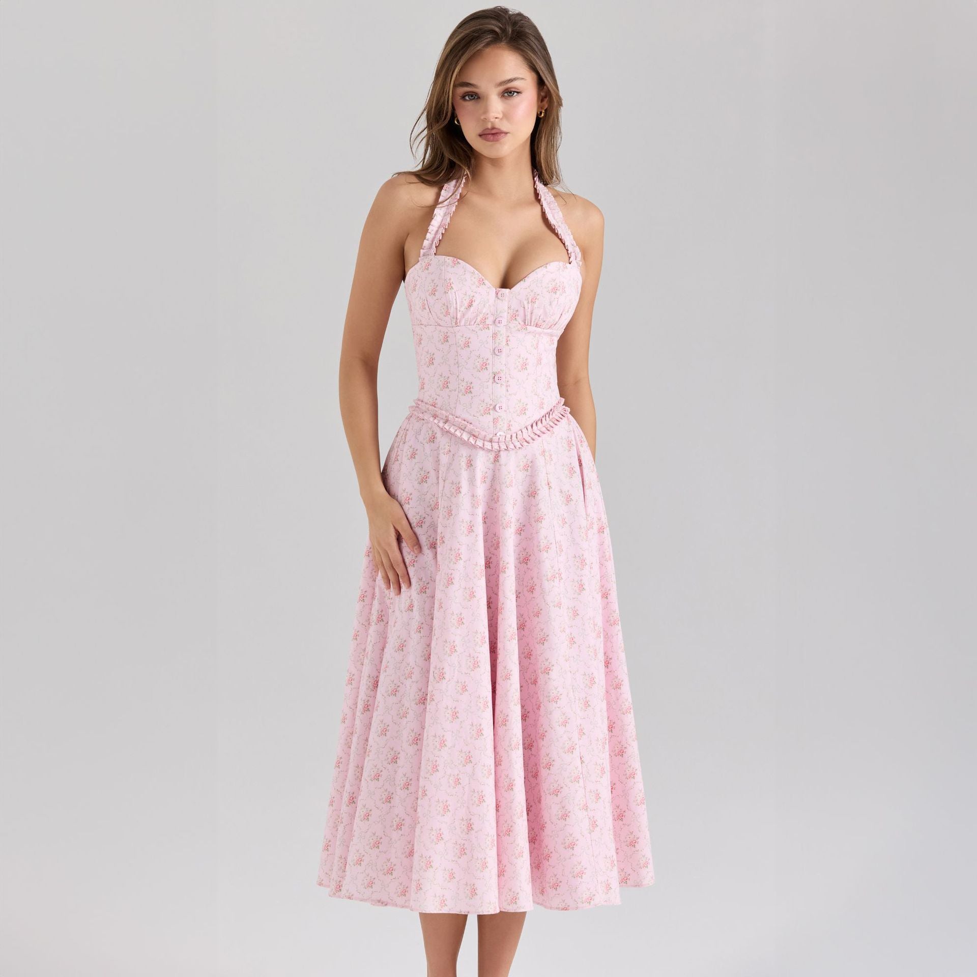 Damen Midikleid mit Blumenmuster und Hochzeitsgrafik Sovae