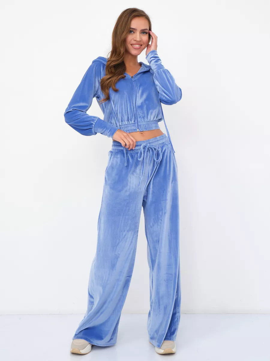 Damen Velours Freizeitanzug mit Kapuze Sovae