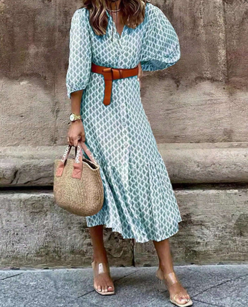 Damen Midi-Kleid mit eleganten Knopfdetails und voluminösen Ärmeln Sovae